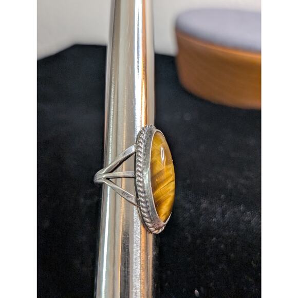 Vintage Sterling Silver Tiger's Eye Long Oval Native American Ring Size 4 - Picture 6 of 10